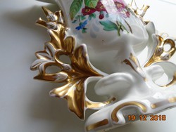 Impozáns Kézzel festett virágokkal,plasztikus aranyozott  díszítő elemekkel nagy nehéz váza-30 cm