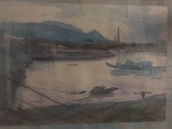 Kolbenheyer Bertalanné, Göbl Vera: Az Árpád-híd északi fejénél, jelzett akvarell festmény 1956-ból