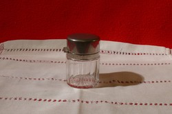Vintage asztali lekvártartó, méztartó üveg - bár lehet, hogy pipere üveg, fém tetővel,  üveg dugóval