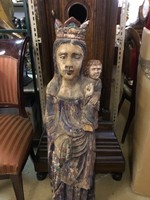 Eladó régi faszobor, álló koronás nő kezében gyerekkel