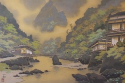 Japán akvarell festmény - Falu a hegyekben