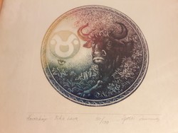 Egresi Zsuzsa - Horoszkóp - Bika hava színes rézkarc - képcsarnokos