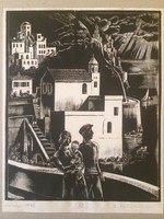 Gáborjáni Szabó Kálmán: Amalfi, 1930 fametszet, római iskola
