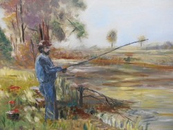 Horgász a folyóparton.Festmény.