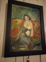 Keretezett akt, 30 x 40 cm kép, olajfestmény harisnyás női félakt olaj festmény