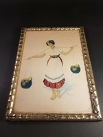 Vízhordó lány akvarell Varga jelzéssel
