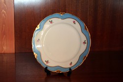 19cm Hüttl Tivadar Aranyozott szélű kék szegélyű festett virágú rózsás virágos tányér tál dísztál