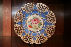 26,5cm! Antik Carlsbad gyönyörű áttört virágos porcelán tál tányér aranyozott Karlsbad dísztál