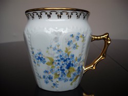 Csodálatos szépségű Bohemia porcelán aranyozott, nefelejcses bögre, pohár, csupor