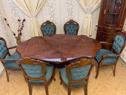 Neobarokk étkező asztal 6 db kék színű székkel