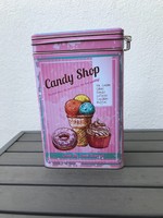 Vintage kekszes doboz újszerű állapotban pink muffinos mintával kapcsos zárral