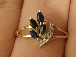 10 karátos tömör arany gyémánt-zafír gyűrű