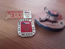 1968.MEXICO  Régi zománcozott Olimpiai kitűző  2db + 1 db bőr mexikói sombrero kulcstartó