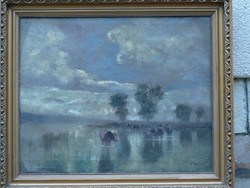 Eladó Olgyay Ferenc: Tehenek a vízparton című olaj, vászon, antik festménye