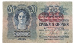 20 Korona 1913 1. Kiadás Deutschösterreich bélyegzéssel a császári címer alatt RITKA VF
