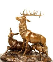 Monumental deer family bronze sculpture