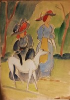 Rippl-Rónai : Úri hölgyek agárral. Akvarell. 1910- es évek.