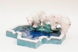 Art deco Vulkán kerámia - jegesmedvék medencével hamutartó, asztalközép
