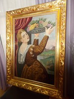 Dreamy huge antique needlework tapestry in fire gold blondel frame