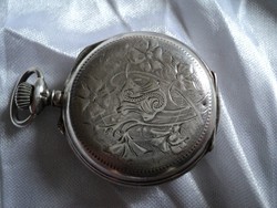 Antik magyar ezüst vésett  pocelán számlapos, működő,női zsebóra