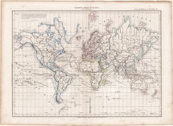 Világtérkép 1860, francia nyelvű, atlasz, eredeti, 32 x 45 cm, Dussieux, térkép, Föld, világ, régi