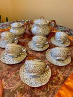 Zsolnay barokk dúsan aranyozott, aranytollazott teás készlet az 1940 -es évekből I. Osztályú