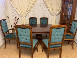 Neobarokk étkező asztal 6 db kék bársony székkel