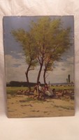 Pörge Gergely olaj - fa életkép festmény . Árnyékban beszélgető juhászok