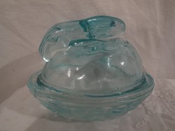 Üveg bonbonier - tojás alakú - tetején nyuszi -  vastag üveg -11 x 9 x 8 cm hibátlan