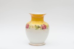 Hollóháza sárga és fehér porcelán váza - rózsás matricával - 100 éves hollóházi kerámia