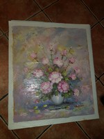 Rózsaszín színvilágú, dél-amerikából szökött, vászonra festett virág csendélet, 50x60 méretre való