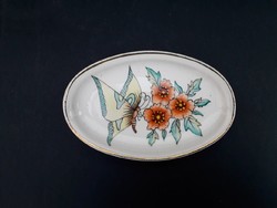 Zsolnay pillangós aranyozott gyűrűtartó tálka, lepkés virágos, tavaszias pajzspecsétes porcelán