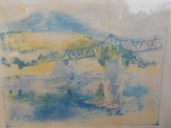 Elekfy Jenő(1895-1963)Dunai hídnál.Akvarellel színezett rézkarc.