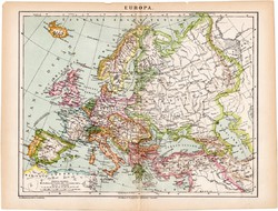 Európa térkép 1892, eredeti, antik, régi, Athenaeum, Brockhaus, magyar nyelvű, politikai, nép