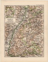 Baden térkép 1892, eredeti, régi, Meyers atlasz, német nyelvű, Németország, Európa, állam