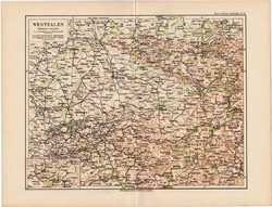 Vesztfália térkép 1892, eredeti, régi, Meyers atlasz, német nyelvű, Németország, Európa, Münster