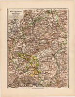 Württemberg és Hohenzollern térkép 1892, eredeti, régi, Meyers atlasz, német nyelvű, Németország