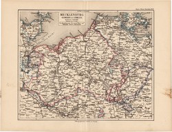 Mecklenburg (Schwerin, Strelitz) térkép 1892, eredeti, régi, Meyers atlasz, német nyelvű, Európa