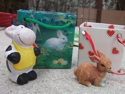 Easter ceramic bunny-rabbit and cow in a decorative bag
