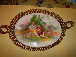 Art Nouveau faience tray with metal wicker border