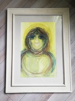 Macskássy Izolda hatalmas sárgás tónusú selyemkollázs női portré  84x64 cm
