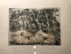 Láng Rudolf (1904-1991). Kopók, Rézkarc, papír. Jelzett, 19x14 cm