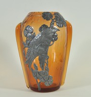 Szecessziós üveg váza, ón rátéttel