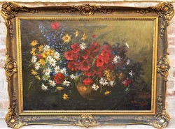 Hatalmas 120x90cm .Udvardy Flóra (1880 - ) Antik virágcsendélet c festménye EREDETI