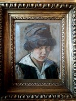 ​Gara Arnold (1882-1929) Sapkás fiú portré festmény