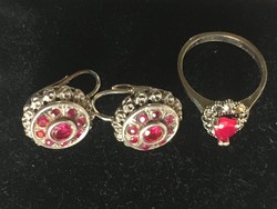 Fülbevalópár + gyűrű-ezüst rubinnal ,markazittal