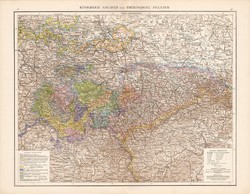 Szász királyság és a Türingiai államok térkép 1881, Németország, 41 x 53 cm, hátoldalán is térképek