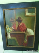 Signed oil canvas interior with reading lady