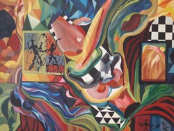 Pap Melinda: Zene, óriási absztrakt - szürrealista festmény 125 x 100 cm