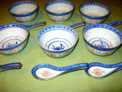 12 részes Kínai rizses tál  leveses tálka  rizsszem mintás kanállal